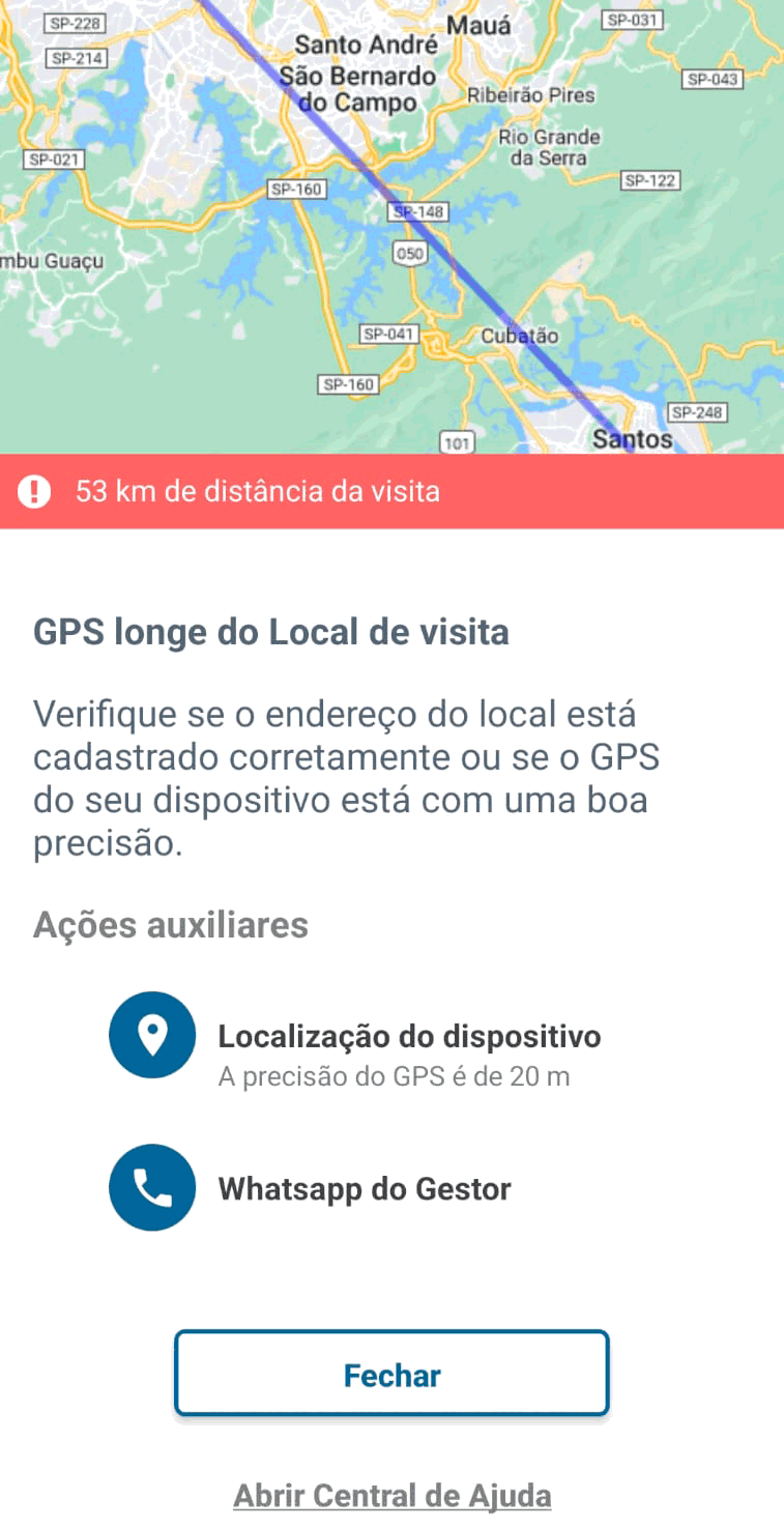 Aviso de GPS distante do local da visita