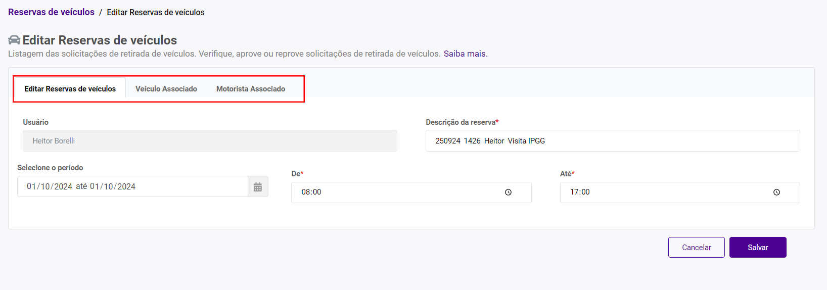 Selecionar veículo e motorista